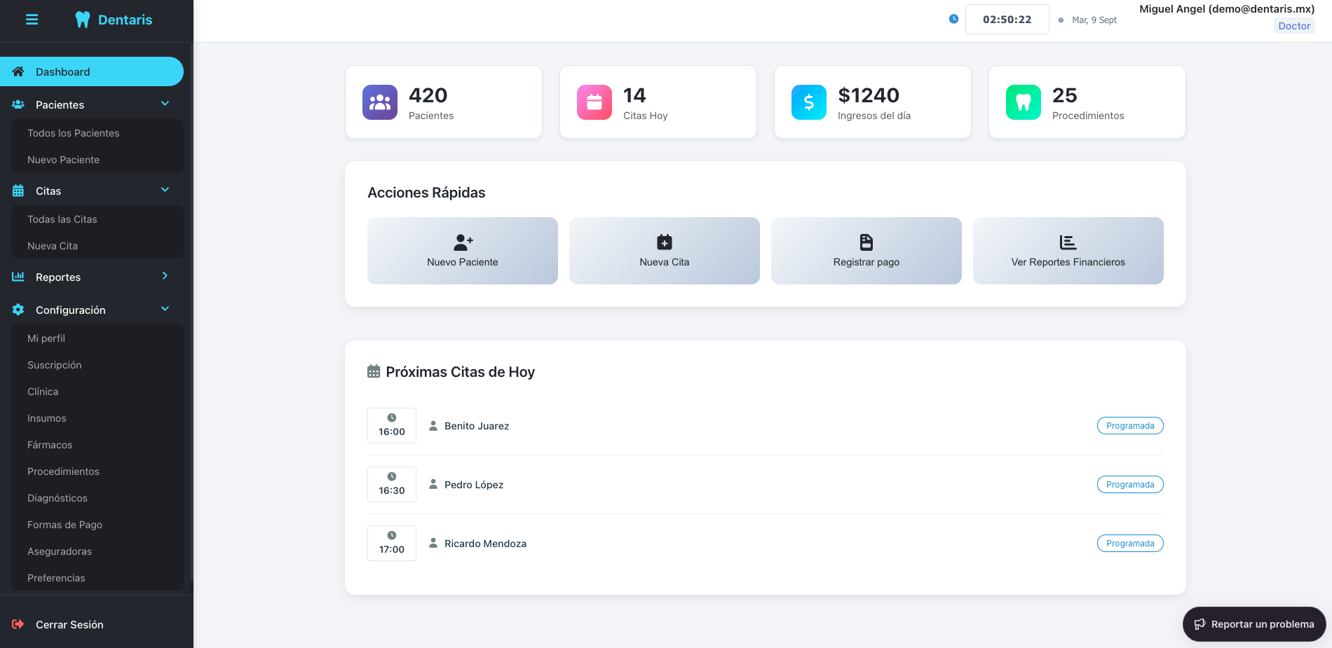 Dentaris Dashboard - Vista principal del sistema de gestión dental